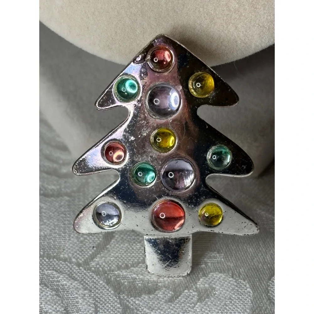 Silver Tone Christmas Tree Brooch Multi Color Cabochon Holiday Pin